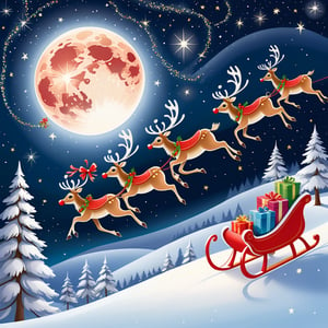 An enchanting Christmas scene where a reindeer-drawn sleigh streaks through the starry sky. The sleigh is filled with elegantly wrapped gifts and there's a bright full moon lighting the way. Reindeer, with their bright red noses, fly swiftly carrying joy and gifts everywhere. It's a magical and Christmas-filled image, capturing the excitement and wonder of the festive season. 