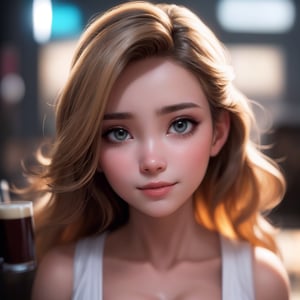 ((ultra realistic, super high resolutions, 8K, best quality, masterpiece, depth of field, realistic, photo-realistic, cinematic)), ((artistic color palette, color grading, Extremely detailed, dynamic lighting, sharp)), ((smooth soft skin, perfect face, smooth soft skin)), ((finely detailed beautiful face)) ,buxom, fit, graceful, heterochromia eyes, vibrant, kind, wise),  

1Asia girl, (young girl:1.36), beautiful female bar tender, long blond wavy hair, (wearing white cotton low cut:1.36), black leather mini skirt, long leather boots,  braless, smile face, sweet face, drunk face, 

perfect face and skin, big green eyes, big beautiful eyes, light makeup, detailed eyes, detailed face ,dark brown skin, best skin tone, sun tanned skin,

perfect figure, big breast, natural breast, natural saggy breast, cleavage, big round hip, perfect long legs,  hourglass body shape, 

((show the beer glass to the viewer)), indoor background, blur background,

front angle shots, (200mm lens shots:1.36), front face to viewer, close up shots, ,hands on own chest 