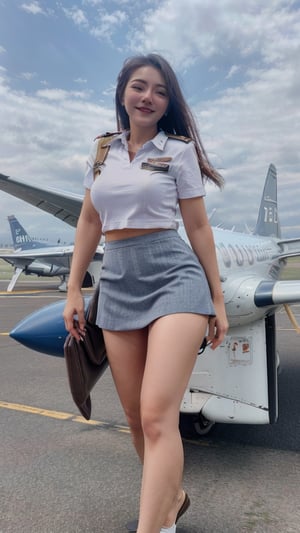 8K,Full body portrait photography of a 22 year old woman airplane pilot with tiny breasts,open smile,short dark blue cotton skirt blowing up in the wind to reveal white underwear,white shirt with captains stripes