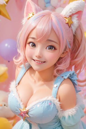 adorable_eyes,mischievous_smile,charming_outfit,fluffy_pet,kawaii_pose,pastel_background,star-shaped_weapon,masterpiece,best quality,highly detailed,sharp focus,dynamic lighting,vivid colors,texture detail,particle effects,storytelling elements,narrative flair,16k,UE5,HDR,subject-background isolation,beautymix,(big breasts :1.8),full body 