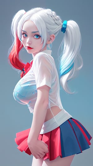 anime,potrait,sex,transparent shirt ,twin tail hairstyles ,8k ultra hd,embarrassing pose,Harley Quinn ,gigantic breasts ,(hairstyles white, red with blue :1.4),short skirt black 