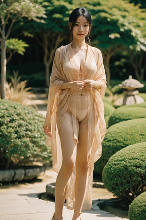 Okinawa girl,sharp-focus,full body,highly detailed,masterpiece,photorealistic,background of traditional Japanese garden,wearing a semi translucent silk one piece kimono,sensual big breast insinuation