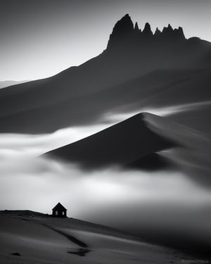 (lonely high mountain (peak, cliff)), analog photo style, in the style of (Ansel Adams, Michael Kenna, Josh Adamski), grain, grit, 200mm, black and white photo, steppe landscape, fog, sunset, sunlight, long shadows, the ruins of the house, cloudy, high contrast, high detail, high resolution,