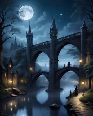 Anne Stokes style, landscape, (cityscape), river, bridge, stary sky, moonlight, pilgrims, dark, eerie, fantasy, gothic, mysterious, whimsical,