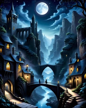 Anne Stokes style, landscape, (cityscape), canyon, bridge, stary sky, moonlight, characters, dark, eerie, fantasy, gothic, mysterious, whimsical,