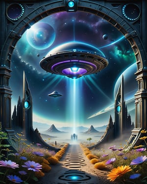 Imagine a composition that captures the essence of the unknown and the UFO universe. 
Start with a dark background, representing the mystery and depth of space. 
In the center of the image, create a luminous portal with soft contours, symbolizing the entrance to the unknown. 
Make the edges of the portal fluid and ethereal, as if they are merging with the surrounding cosmos. 
Inside the portal, incorporate elements such as stars, constellations, or nebulae to represent the vastness of space and the expanding universe. 
Add intriguing silhouettes of unidentified flying objects (UFOs) or spacecraft, suggesting the presence of extraterrestrial beings. 
To complement the image, insert the text "Gateway to the Unknown" in a modern and elegant font. 
Be sure to position the text in a balanced and readable way, ensuring that it stands out and is easily recognizable. 
Try using mysterious colors, such as deep blue, purple, or dark green tones, to convey an enigmatic atmosphere. 
Add subtle details of brightness or light to create an effect of fascination and attract the viewer's curiosity. 
,DonMR3mn4ntsXL 