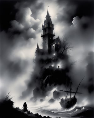 Stephen Gammell style, (dungeon), gothic, ((fog)), dark, mist, night, sea, 