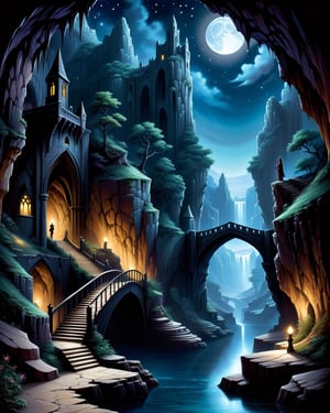 Anne Stokes style, landscape, (cityscape), cave, canyon, bridge, stary sky, moonlight, characters, dark, eerie, fantasy, gothic, mysterious, whimsical,