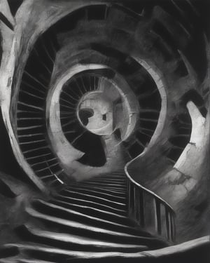 Philippe Druillet style, (minimalism:1.5), spiral staircase, black and white photography, (dungeon:1.5), contrast, 