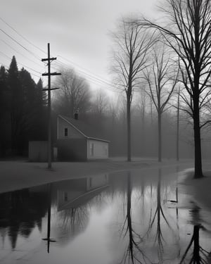Gregory Crewdson style, minimalism, reflections, tread, black and white photography, silence, shadows, 