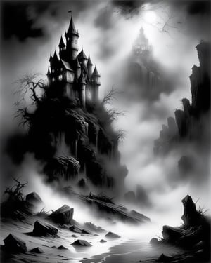 Stephen Gammell style, (dungeon), gothic, ((fog)), dark, mist, night, sea, (desert), 