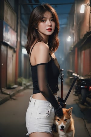 cinematic film still (masterpiece, best quality, ultra realistic, 32k, RAW photo, detailed skin, 8k uhd, high quality:1.2), FilmGirl, 1girl, Accompanied by a Siberian dog, brown hair, casual dress, realistic, short open black shirt and short off-white jean pants, long hair, standing crying in a dark alley at night, arms behind the head, covered shoulders, looking at viewer, lips apart, big breasts, collarbone, red eyes, black lips, transparent, on shoulder, big breastsVonzy SDXL (LoRa) Indonesia, 2girl, Accompanied by a Siberian dog, brown hair, short open black shirt and short off-white jean pants, realistic, short black shirt and short white jean pants, long hair, standing crying in a dark alley at night, arms behind the head, covered shoulders, looking at viewer, lips apart, big breasts, collarbone, red eyes, black lips, transparent, on shoulder, very big breastsVonzy SDXL (LoRa) Indonesia,bagpipeqr,weapon,hikaru_rayearth,cyborg style