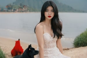 cinematic film still (masterpiece, best quality, ultra realistic, 32k, RAW photo, detailed skin, 8k uhd, high quality:1.2), FilmGirl, 1girl, Accompanied by a Siberian dog, black hair, tube dress, realistic, orange dress with blue, long hair, sitting, arms behind the head, bare shoulders, looking at viewer, lips apart, breasts, collarbone, black eyes, red lips, transparent, off shoulder, small breastsVonzy SDXL (LoRa) Indonesia, 2girl, Accompanied by a Siberian dog, black hair, dress, realistic, white dress with violet long hair, sitting, arms behind the head, bare shoulders, looking at viewer, lips apart, breasts, collarbone, black eyes, red lips, transparent, off shoulder, small breastsVonzy SDXL (LoRa) Indonesia