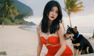 cinematic film still (masterpiece, best quality, ultra realistic, 32k, RAW photo, detailed skin, 8k uhd, high quality:1.2), FilmGirl, 1girl, Accompanied by a Siberian dog, black hair, tube dress, realistic, orange dress with blue, long hair, sitting, arms behind the head, bare shoulders, looking at viewer, lips apart, breasts, collarbone, black eyes, red lips, transparent, off shoulder, small breastsVonzy SDXL (LoRa) Indonesia, 2girl, Accompanied by a Siberian dog, black hair, dress, realistic, white dress with violet long hair, sitting, arms behind the head, bare shoulders, looking at viewer, lips apart, breasts, collarbone, black eyes, red lips, transparent, off shoulder, small breastsVonzy SDXL (LoRa) Indonesia