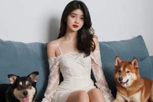 cinematic film still (masterpiece, best quality, ultra realistic, 32k, RAW photo, detailed skin, 8k uhd, high quality:1.2), FilmGirl, 1girl, Accompanied by a Siberian dog, black hair, tube dress, realistic, red dress, long hair, sitting, arms behind the head, bare shoulders, looking at viewer, lips apart, breasts, collarbone, black eyes, red lips, transparent, off shoulder, small breastsVonzy SDXL (LoRa) Indonesia, 2girl, Accompanied by a Siberian dog, black hair, dress, realistic, white dress, long hair, sitting, arms behind the head, bare shoulders, looking at viewer, lips apart, breasts, collarbone, black eyes, red lips, transparent, off shoulder, small breastsVonzy SDXL (LoRa) Indonesia