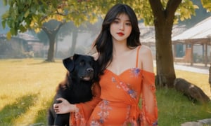 cinematic film still (masterpiece, best quality, ultra realistic, 32k, RAW photo, detailed skin, 8k uhd, high quality:1.2), FilmGirl, 1girl, Accompanied by a Siberian dog, black hair, tube dress, realistic, orange dress with blue, long hair, standing next to a cherry tree, arms behind the head, bare shoulders, looking at viewer, lips apart, very big breasts, collarbone, black eyes, red lips, transparent, off shoulder, very big breastsVonzy SDXL (LoRa) Indonesia, 2girl, Accompanied by a Siberian dog, black hair, dress, realistic, orange dress with violet long hair, standing next to a cherry tree, arms behind the head, bare shoulders, looking at viewer, lips apart, very big breasts, collarbone, black eyes, red lips, transparent, off shoulder, very big breastsVonzy SDXL (LoRa) Indonesia