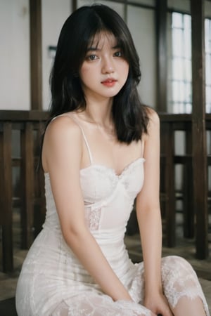 FilmGirl, 1girl, solo, black hair, dress, realistic, white dress, long hair, sitting, bare shoulders, looking at viewer, lips apart, breasts, collarbone, black eyes, lips, transparent, off shoulder, small breastsVonzy SDXL (LoRa) Indonesia