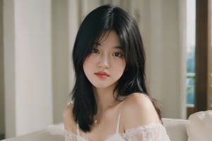 FilmGirl, 1girl, solo, black hair, dress, realistic, white dress, long hair, sitting, bare shoulders, looking at viewer, lips apart, breasts, collarbone, black eyes, lips, transparent, off shoulder, small breastsVonzy SDXL (LoRa) Indonesia