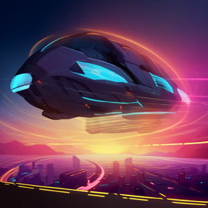 Futuristic-style car, sleek aerodynamic design, glowing neon lights, panoramic windshield, metallic silver finish, glowing blue rims, hovering above a neon-lit cityscape, dynamic angle, high contrast lighting, detailed interior with advanced tech displays, driver in a futuristic suit, motion blur effect, cyberpunk aesthetic, nighttime setting, high-resolution, 8K.