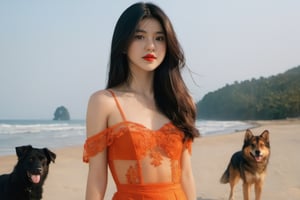 cinematic film still (masterpiece, best quality, ultra realistic, 32k, RAW photo, detailed skin, 8k uhd, high quality:1.2), FilmGirl, 1girl, Accompanied by a Siberian dog, black hair, tube dress, realistic, orange dress with blue, long hair, standing, arms behind the head, bare shoulders, looking at viewer, lips apart, breasts, collarbone, black eyes, red lips, transparent, off shoulder, small breastsVonzy SDXL (LoRa) Indonesia, 2girl, Accompanied by a Siberian dog, black hair, dress, realistic, orange dress with violet long hair, standing, arms behind the head, bare shoulders, looking at viewer, lips apart, breasts, collarbone, black eyes, red lips, transparent, off shoulder, small breastsVonzy SDXL (LoRa) Indonesia