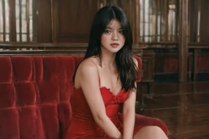 FilmGirl, 1girl, solo, black hair, dress, realistic, red dress, long hair, sitting, bare shoulders, looking at viewer, lips apart, breasts, collarbone, black eyes, lips, transparent, off shoulder, small breastsVonzy SDXL (LoRa) Indonesia