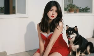 cinematic film still (masterpiece, best quality, ultra realistic, 32k, RAW photo, detailed skin, 8k uhd, high quality:1.2), FilmGirl, 1girl, Accompanied by a Siberian dog, black hair, tube dress, realistic, red dress, long hair, sitting, arms behind the head, bare shoulders, looking at viewer, lips apart, breasts, collarbone, black eyes, red lips, transparent, off shoulder, small breastsVonzy SDXL (LoRa) Indonesia, 2girl, Accompanied by a Siberian dog, black hair, dress, realistic, white dress, long hair, sitting, arms behind the head, bare shoulders, looking at viewer, lips apart, breasts, collarbone, black eyes, red lips, transparent, off shoulder, small breastsVonzy SDXL (LoRa) Indonesia