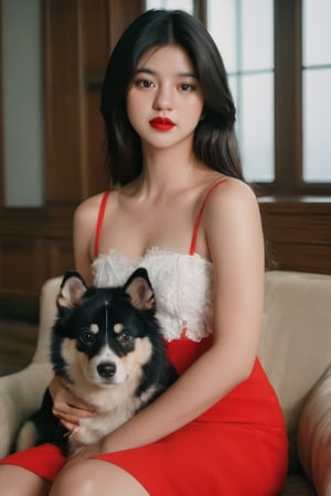 cinematic film still (masterpiece, best quality, ultra realistic, 32k, RAW photo, detailed skin, 8k uhd, high quality:1.2), FilmGirl, 1girl, Accompanied by a Siberian dog, black hair, tube dress, realistic, red dress, long hair, sitting, arms behind the head, bare shoulders, looking at viewer, lips apart, breasts, collarbone, black eyes, red lips, transparent, off shoulder, small breastsVonzy SDXL (LoRa) Indonesia, 2girl, Accompanied by a Siberian dog, black hair, dress, realistic, white dress, long hair, sitting, arms behind the head, bare shoulders, looking at viewer, lips apart, breasts, collarbone, black eyes, red lips, transparent, off shoulder, small breastsVonzy SDXL (LoRa) Indonesia