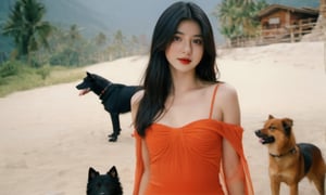 cinematic film still (masterpiece, best quality, ultra realistic, 32k, RAW photo, detailed skin, 8k uhd, high quality:1.2), FilmGirl, 1girl, Accompanied by a Siberian dog, black hair, tube dress, realistic, orange dress with blue, long hair, standing, arms behind the head, bare shoulders, looking at viewer, lips apart, breasts, collarbone, black eyes, red lips, transparent, off shoulder, small breastsVonzy SDXL (LoRa) Indonesia, 2girl, Accompanied by a Siberian dog, black hair, dress, realistic, orange dress with violet long hair, standing, arms behind the head, bare shoulders, looking at viewer, lips apart, breasts, collarbone, black eyes, red lips, transparent, off shoulder, small breastsVonzy SDXL (LoRa) Indonesia