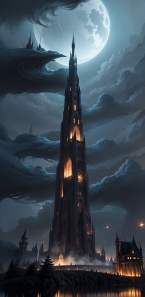 (fantasy:1.5),Create an enchanting, otherworldly tall building in a fantasy realm, where magic weaves through its architecture, bringing it to life with ethereal lights and surreal details.