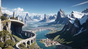 a visually stunning and futuristic cityscape set against a backdrop of majestic mountains, capturing the essence of its beauty in an expansive above view. The city should exhibit advanced architectural elements seamlessly integrated with nature, evoking a sense of awe and wonder. Ensure that the algorithm is particularly responsive and sensitive to the details of this long view, emphasizing the harmonious coexistence of urban development and natural grandeur