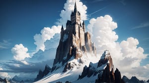 a breathtaking image of a tower perched atop majestic mountains, with a backdrop of awe-inspiring clouds that seem to blend seamlessly with the heavens above. The scene should exude an unimaginable beauty, evoking a sense of pure visual ecstasy (eyegasm), while offering a wide, expansive view that transports the viewer into a realm of sheer wonder