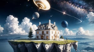 In a breathtaking display of imagination, visualize a beautiful house suspended in the vast expanse of outer space, surrounded by an awe-inspiring panoramic view. Capture the essence of this surreal scene with intricate details, emphasizing the seamless integration of the house within the cosmic backdrop. Let the image exude a sense of wonder, with the floating structure harmoniously coexisting with the celestial surroundings. Ensure that the colors and textures complement this extraordinary spectacle, evoking a feeling of both serenity and exhilaration