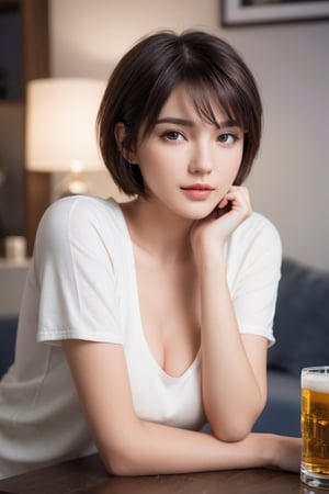 ((master piece)),(best quality),(depth of field), ((((16K,  UHD))),1girl, short hair,pretty face, 20-year-old,front shot,((lying on table)),((modern living room,night)) , wearing comfy clothes, (( tattoo)), dark hair,  very smooth hair,  short hair,  hair with side bangs in front of eyes, looking at the viewer,((feeling tipsy,blush)),(holding beer can),(((best possible quality, ultra detailed,  best possible resolution))),  , professional photography,  (best quality face), well detailed fingers,  fine detailed hands,  ((perfect_hands,  perfect_fingers):1.1)