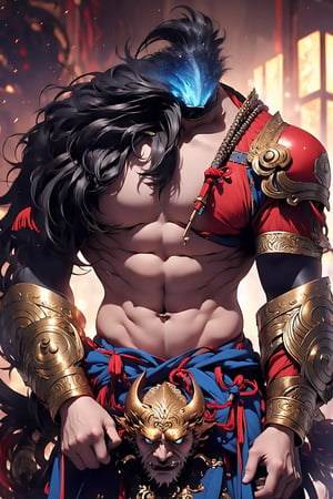 ((masterpiece)), (best quality), (((16K, UHD))),  a courageous monster from Chinese mythology, male,god of war,((axe)), (((headless,no head))),great strength, chest as eye, stomach as mouth,monster