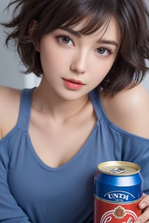 ((master piece)),(best quality),(((16K,  UHD))),1girl, short hair,pretty face, 20-year-old),home, pajamas,, dark hair,  very smooth hair,  short curly hair,  hair with side bangs in front of eyes,(((one beer in a can))),(((best possible quality eyes, ultra detailed face,  best possible resolution))), , professional photography,  (best quality face), well detailed fingers,  fine detailed hands,  ((perfect_hands,  perfect_fingers):1.1)