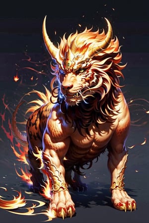 ((masterpiece)),(best quality),(((16K, UHD))), an ancient powerful, fearsome, justice, beast, son of dragon, half tiger half (dragon),(qilin),firey,suanni