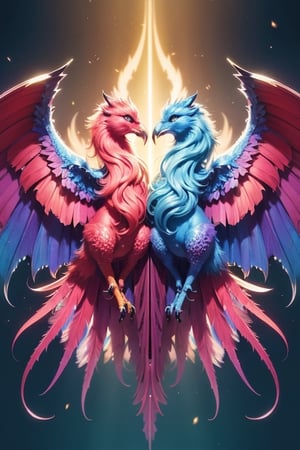 (masterpiece)), (best quality), (((16K, UHD))),
mythical beasts, always show up in pairs, usually one blue one pink, bird, one wing, flying against each other