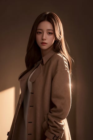 photorealistic, masterpiece, best quality, raw photo, 1girl, medium long hair, brown hair, brown wool trench coat, looking at viewer, dynamic lighting, in the dark, deep shadow, low key, intricate detail, detailed skin, pore, highres, hdr,realhands,High detailed ,jisoo