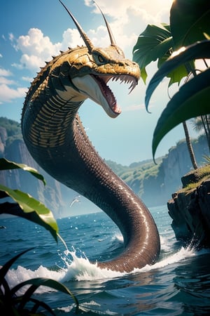 (masterpiece)), (best quality), (((16K, UHD))),
1 fearsome giant snake, (hiding in the water), poking head out,(twenty meters long), (sharp, hook tail)), daylight,uses its tail to (hook animals on the shore) while in the water and then consumes them.