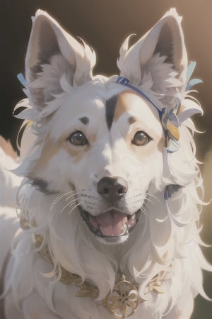  2D anime-style portrait of a golden border collie with expressive, bright eyes,  playful and intelligent personality. Emphasize vibrant, warm colors and intricate details in the fur, while maintaining a sense of lightheartedness in the overall composition,Poochyena_Pokemon