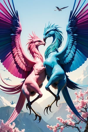 (masterpiece)), (best quality), (((16K, UHD))),
mythical beasts, always show up in pairs, usually one blue one pink, bird, one wing, flying next to each another
