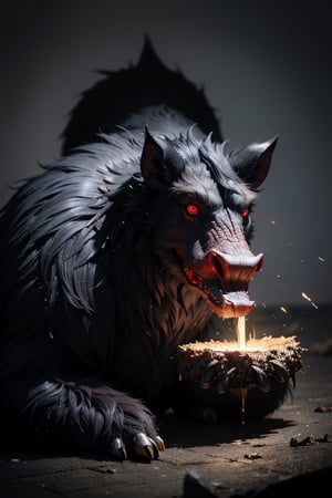 (masterpiece)), (best quality), (((16K, UHD))),
giant monster,(Warthog), (massive physique) covered in coarse, (black fur), spiked and bristling, (crimson eyes) with the ability to see in the dark. Enjoys consuming decaying matter and prefers to dwell in (dim, damp places)