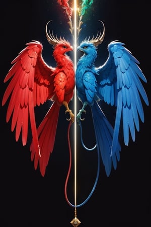(masterpiece)), (best quality), (((16K, UHD))),
mythical beasts, always show up in pairs, usually one blue one red, bird, one wing, against one another 