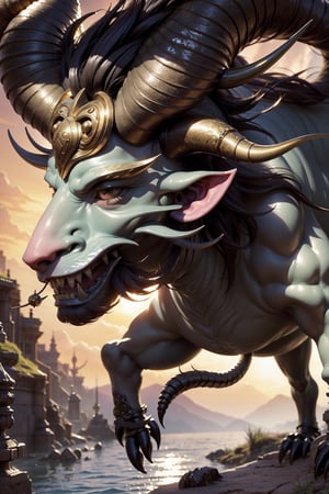 (masterpiece)), (best quality), (((16K, UHD))),
mythology, beast, hybrid from various animals. appearance of a bull,(having four horns), and one eye, eats human