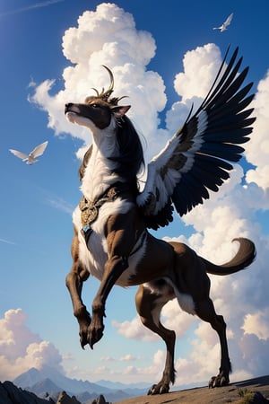 (masterpiece)), (best quality), (((16K, UHD))), a mythical creature with the appearance of a hound,(((black face))),((whole body covered with white fur)), (flying in blue sky with set of wings)