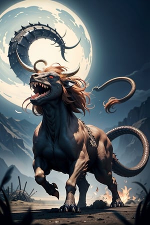 (masterpiece)), (best quality), (((16K, UHD))),
(((monster))),ancient monster, resembling a bull with an ominous presence, brings devastation wherever it goes, and it has a tail resembling of a snake, having the head of a bull and the tail of a snake. It is considered an ill-omened creature by humans.