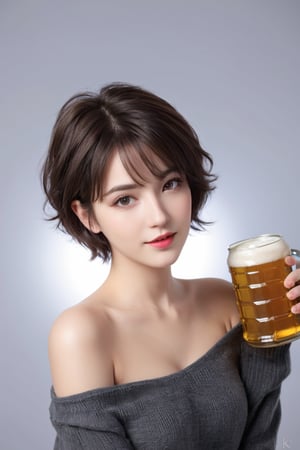 ((master piece)),(best quality),(((16K,  UHD))),1girl, short hair,pretty face, 20-year-old),home round neck jumper,, dark hair,  very smooth hair,  short curly hair,  hair with side bangs in front of eyes,(((beer can))),(((best possible quality eyes, ultra detailed face,  best possible resolution))), , professional photography,  (best quality face), well detailed fingers,  fine detailed hands,  ((perfect_hands,  perfect_fingers):1.1)