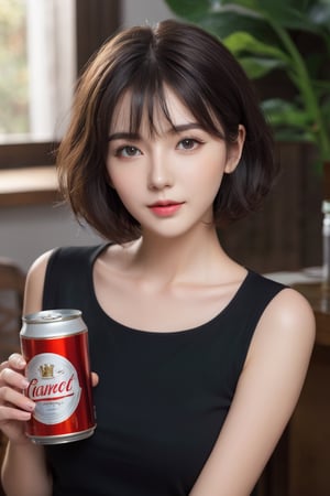((master piece)),(best quality),(((16K,  UHD))),1girl, short hair,pretty face, 20-year-old),long shot,sit,home, black tee,, dark hair,  very smooth hair,  short curly hair,  hair with side bangs in front of eyes,(((one open beer in a can))),drinking,(((best possible quality eyes, ultra detailed face,  best possible resolution))), , professional photography,  (best quality face), well detailed fingers,  fine detailed hands,  ((perfect_hands,  perfect_fingers):1.1)