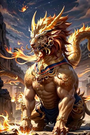((masterpiece)),(best quality),(((16K, UHD))), an ancient powerful, fearsome, justice, beast, son of dragon, half tiger half (dragon),(qilin),firey,suanni
