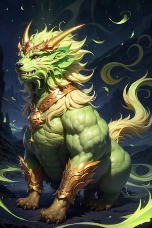 ((masterpiece)), (best quality), (((16K, UHD))),  Pixiu is a formidable mythical creature characterized by a unique appearance. Resembling bear with ((green fur)), monster,exuding a powerful aura. It also possesses a dragon-like head and tail, with wings on its shoulders that cannot be unfurled. Additionally, it sports a backward-tilting horn on its head. 